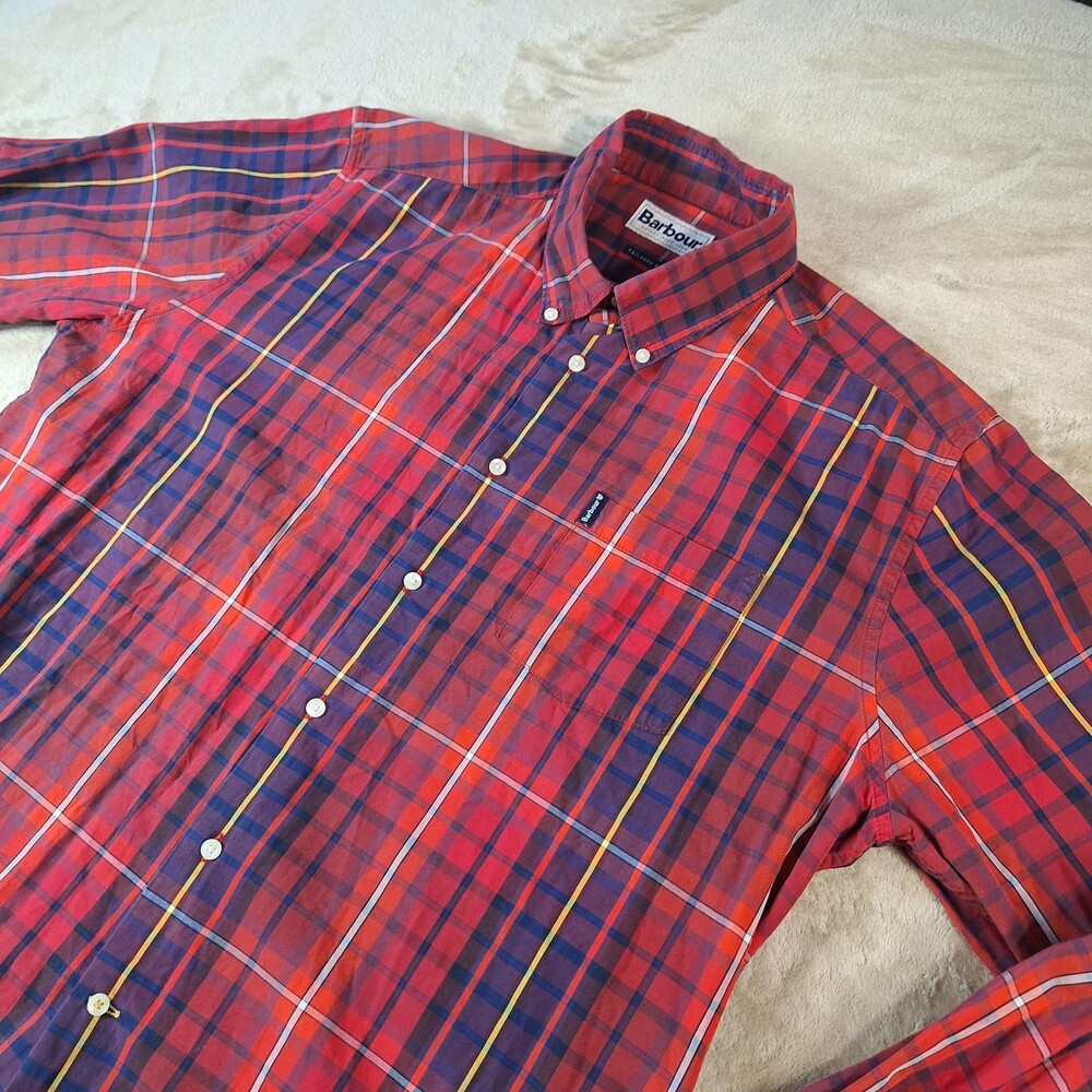 Barbour Shirt Mens Large Red Plaid Cotton Long Sleeve Button Down Tailored Fit